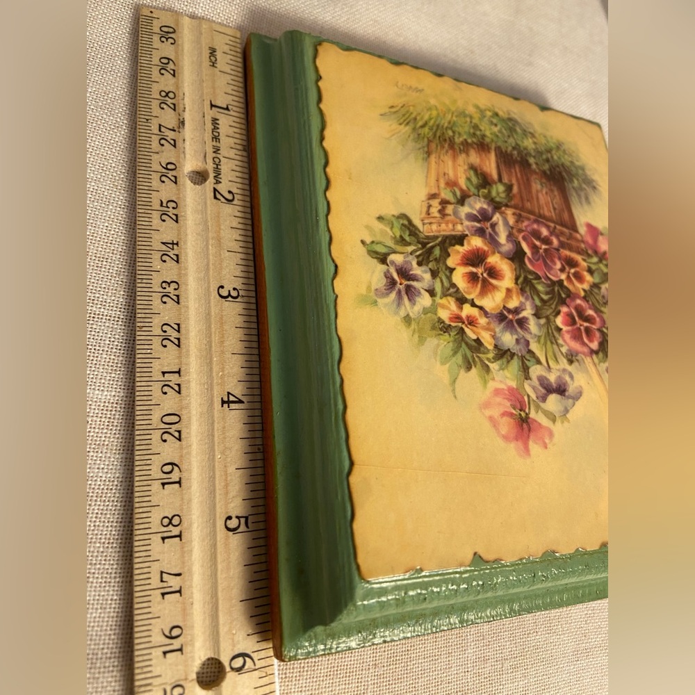 Vintage flower art wood wall hanging  ppansy flower basket card painted MCM 70s - Picture 8 of 16